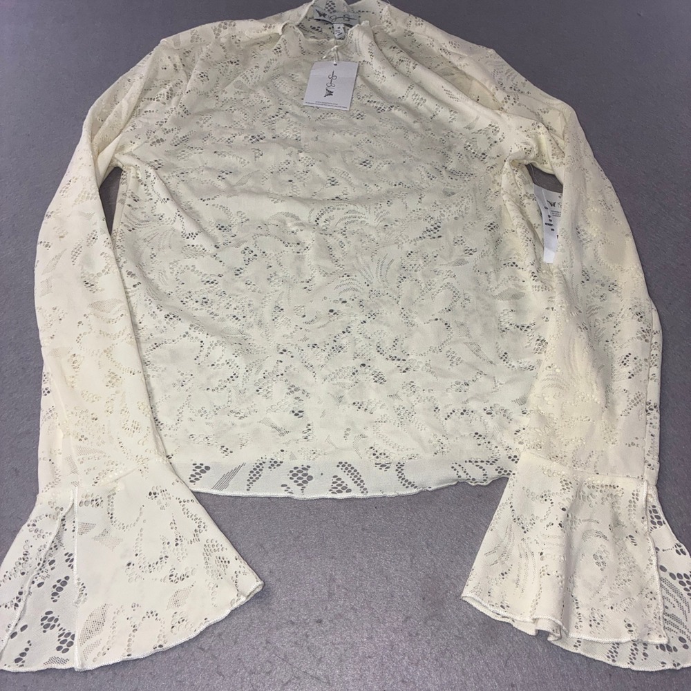 291 Jessica Simpson Lace Mesh Top Medium Gardenia Flared Bell Sleeve MockNeck